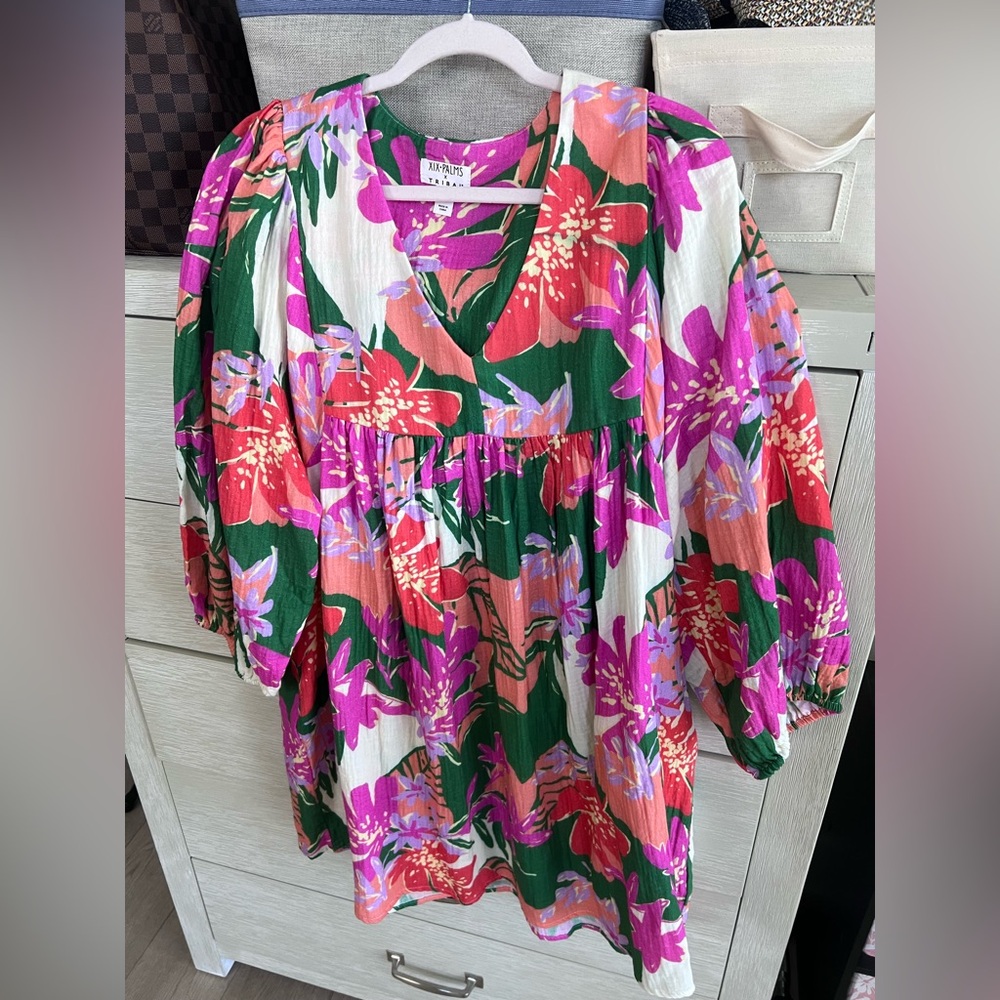 Tribal Dress - Floral V-Neck - Green, Pink, Coral